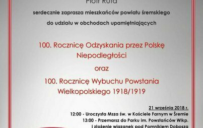 Zdjęcie do 100. Rocznica Odzyskania przez Polskę Niepodległości oraz 100. Rocznica  Wybuchu Powstania Wielkopolskiego 1918/1919