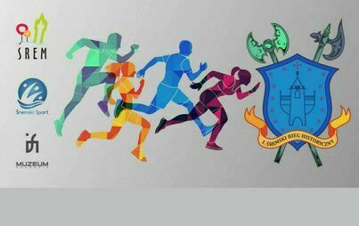 1 Śremski Bieg Historyczny - 17 września - Grafika przedstawiająca biegaczy na szarym tle oraz tarcza historyczyna
