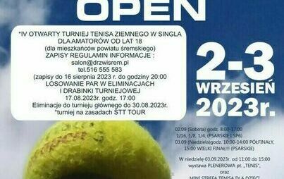 Plakat zapraszający na V Turniej Tenisa Ziemnego EM-BUD Śrem 2-3września 2023