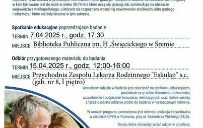 Badania profilaktyczne dla mieszkańców gminy Śrem - Profilaktyka nowotworów dolnego odcinka przewodu pokarmowego realizowana przez OPEN S.A. na terenie całej Wielkopolski w latach 2024-2027