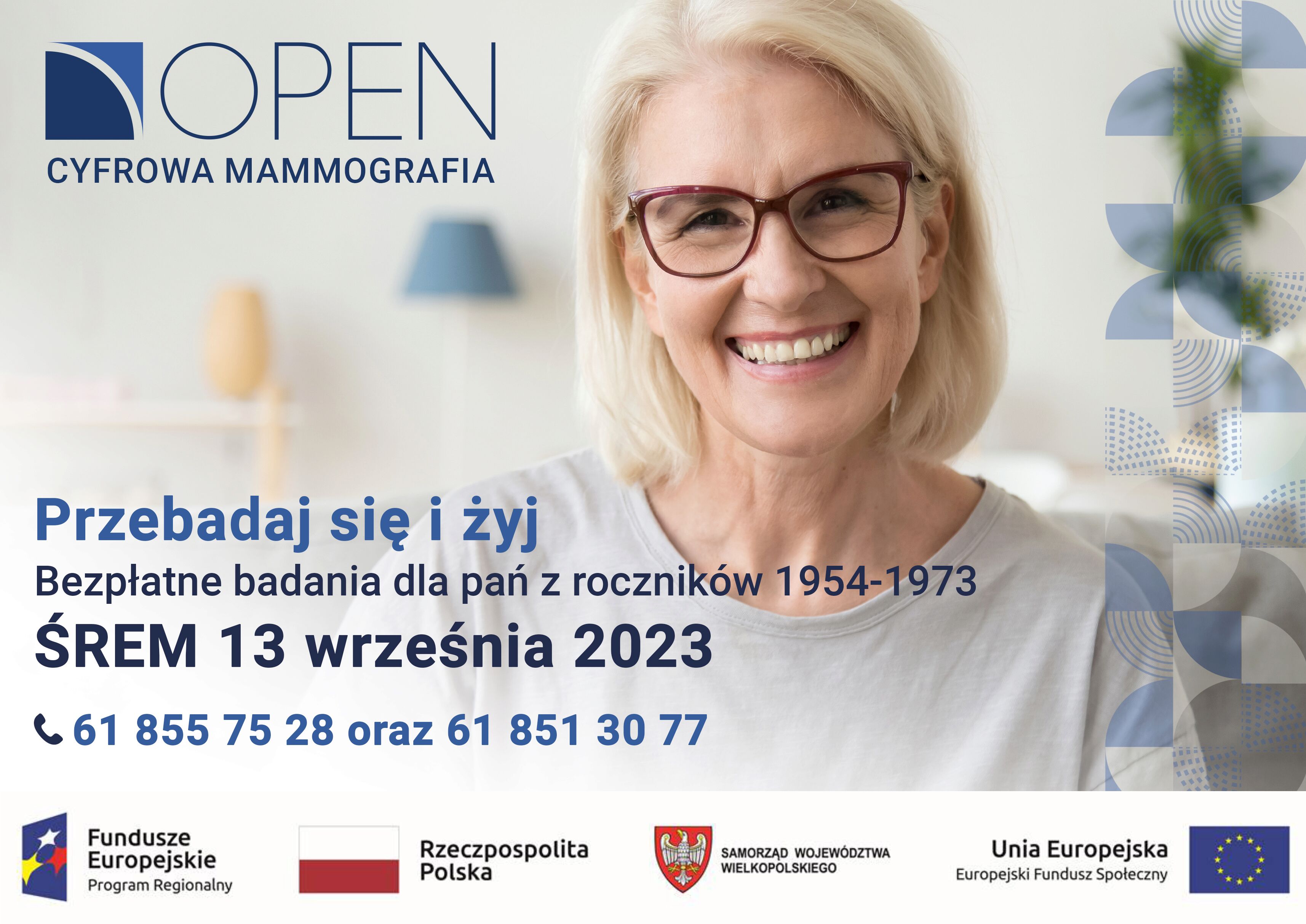 plakat informacja o&nbsp;mammografii i&nbsp;zdjęcie kobiety