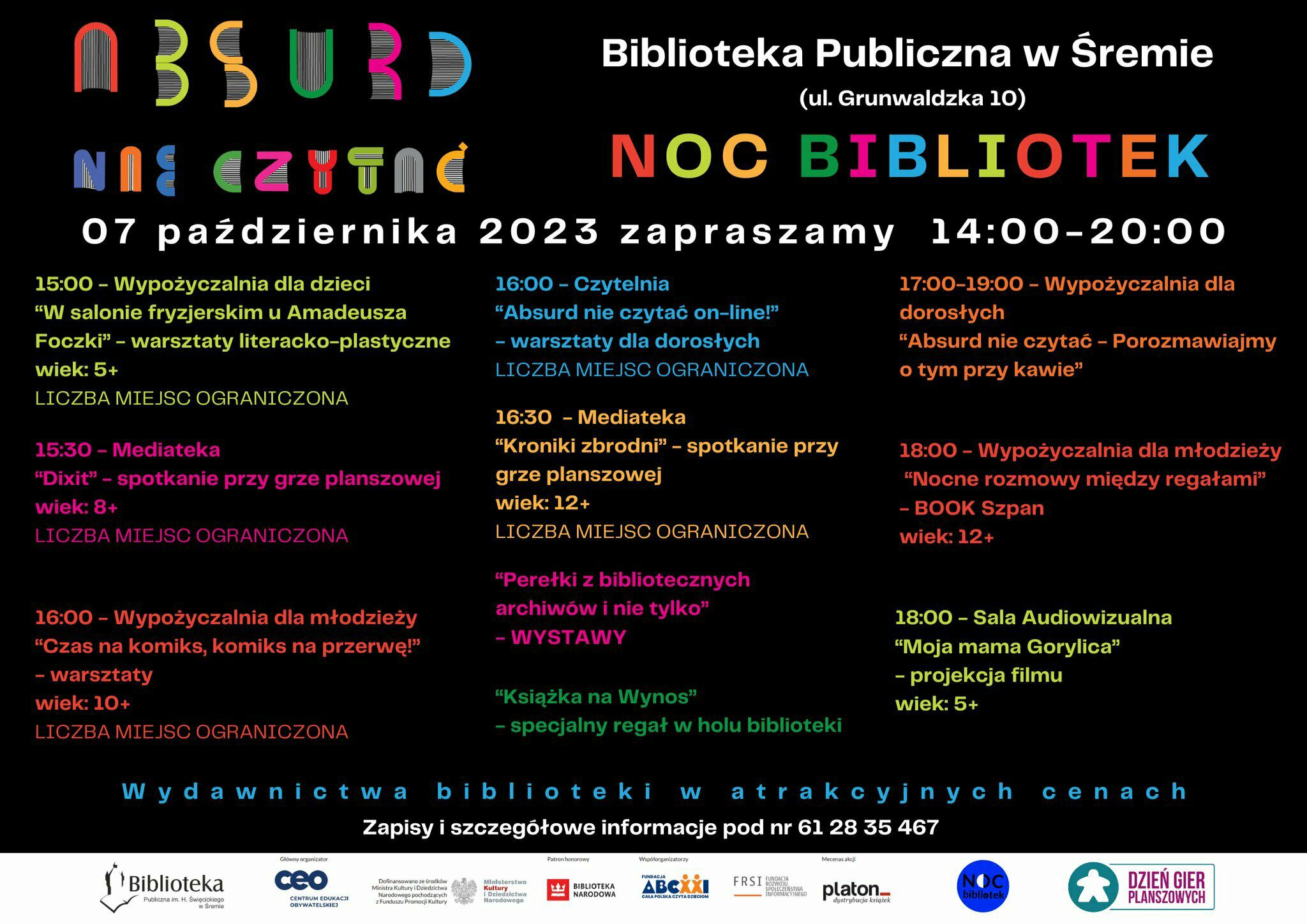 czarny plakat, kolorowe litery program nocy bibliotek