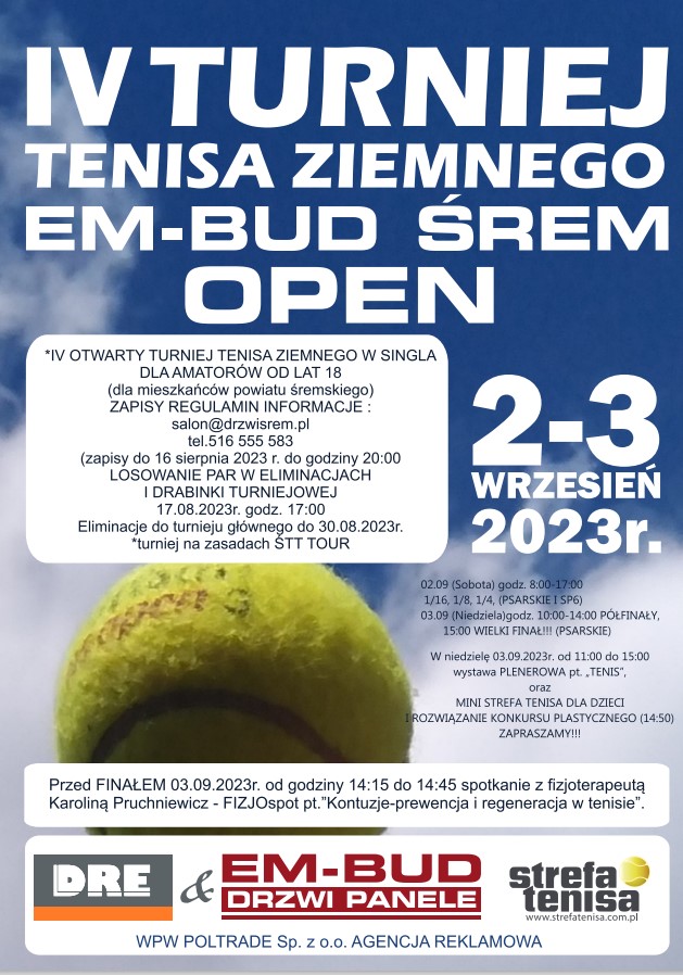 Plakat zapraszający na V Turniej Tenisa Ziemnego EM-BUD Śrem 2-3września 2023