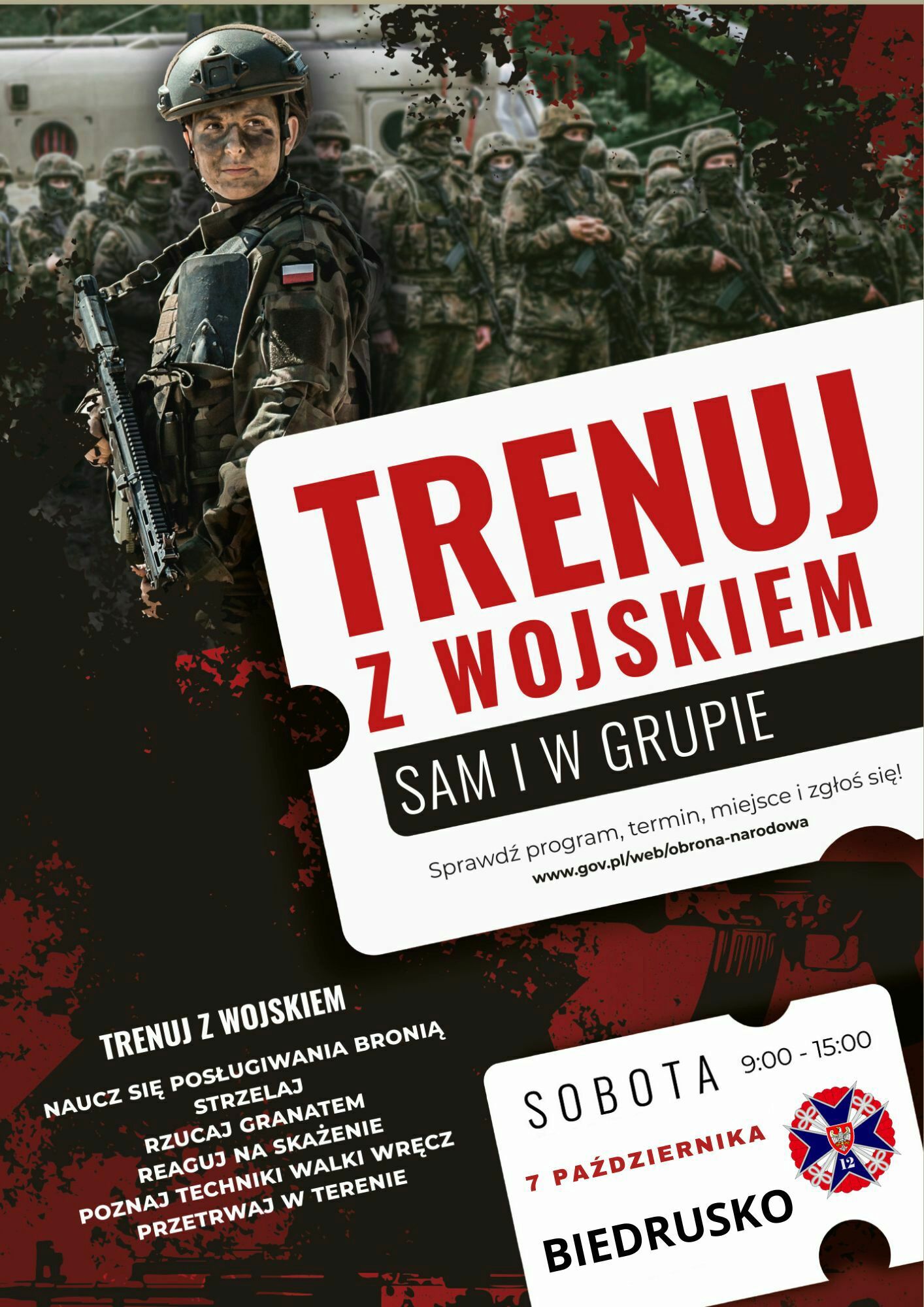 Plakat trenuj z wojskiem zapraszający na zajęcia